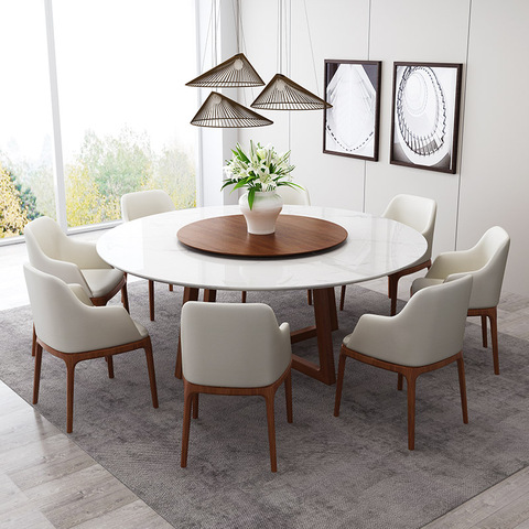 Nordic marble dining table 8 people round turntable white solid Ash